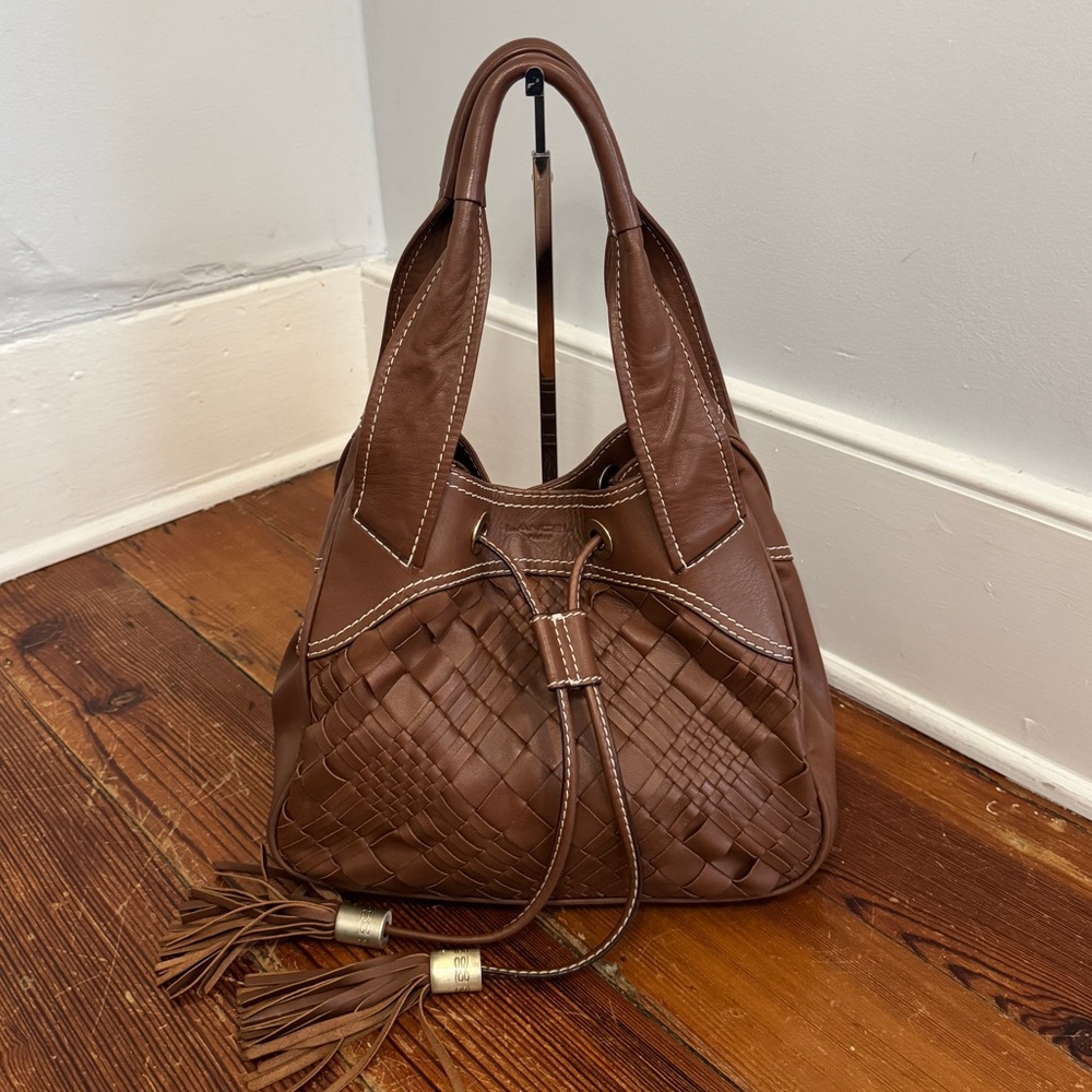 Lancel Paris Woven Brown Leather Bucket Shoulder Bag Gold Medium Luxury